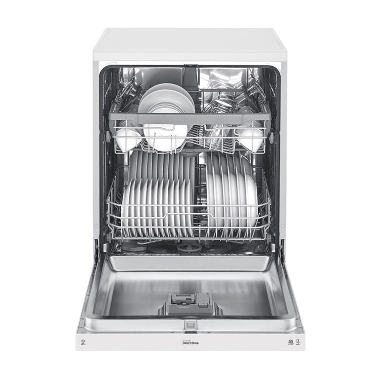 LG XD5B14WH QuadWash 60cm 14 Place Freestanding Dishwasher White, Front view, door open with cutleries